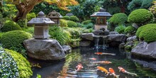 Japanese Garden With A Koi Pond And Stone Lanterns