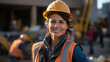 a female construction worker wearing safety helmet and reflective vest and hard hat