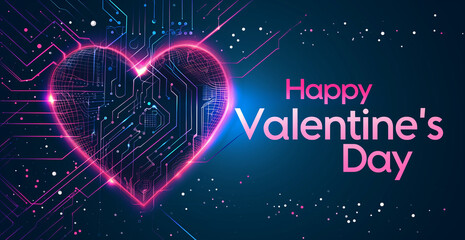 Happy Valentine's Day Celebration Text Over blue futuristic Lights Background, drawn heart, computer circuits