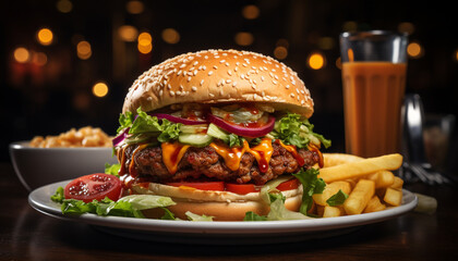 Wall Mural - Grilled burger with cheese, tomato, and French fries generated by AI