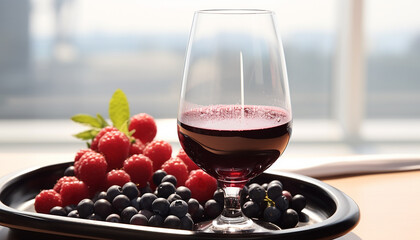 Poster - Freshness of grape, wineglass on wooden table, generated by AI