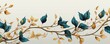 Abstract botanical background with tree branches and leaves in line art. Blue and golden leaf, brush, line, splash of paint