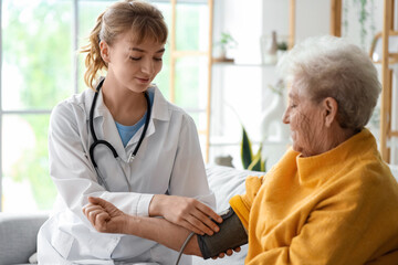 Wall Mural - Doctor measuring blood pressure of senior woman at home