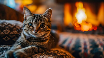 Sticker - Cute tabby cat lying in front of a fireplace at home. 