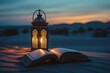 Desert landscape with Moroccan lantern and Quran, holy book, Ramadan concept.