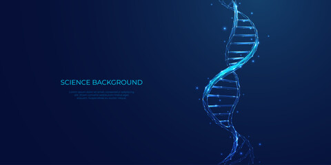 Aufkleber - Abstract DNA double helix in futuristic technology style. Science concept. DNA blue background. Genetic and biology vector illustration. Digital gene. Low poly wireframe. Geometric 3D biology concept.