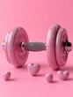 Heart shapes and dumbbell. Cute valentines day sport equipment. Pink red colors. Isolated background. Fitness love concept. Ai generated.