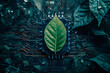 green leaf on circuit board background. ecology concept
