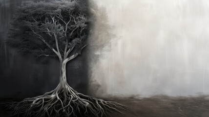 Monochrome tree artwork with roots and textured backdrop