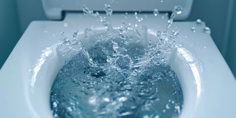 Top view Dynamic Water Splash in Toilet Bowl. Close-up of a vigorous water splash in a toilet, depicting sanitation and hygiene.