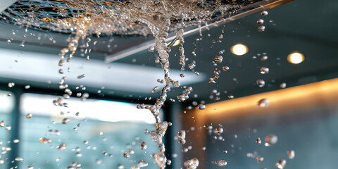 Indoor Flood with Water Splash from ceiling. Water spilling onto a flooded home floor from the ceiling, creating a dynamic splash, symbolizing property damage.