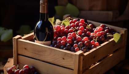 Sticker - Fresh organic grapes in a wooden wine bottle generated by AI