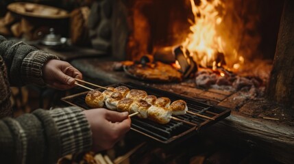 Sticker - A person holding a skewer with marshmallows on it over an open fire, AI