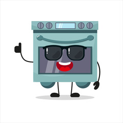 Sticker - Cute happy oven wear sunglasses. Funny home appliance greet friend cartoon emoticon in flat style. kitchen appliance vector illustration	