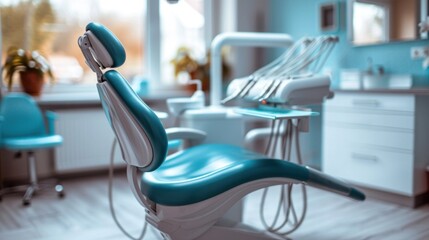 Sticker - A dentist's office with a blue chair and white walls, AI