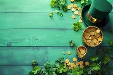 St. Patrick's Day Background With Leprechaun Hat, Pot Of Gold Coins And Clover Leaves. Generative AI