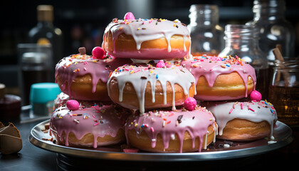 Sticker - Multi colored donut on a pink plate, pure temptation generated by AI