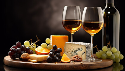 Wall Mural - Gourmet wine and cheese, a delicious appetizer generated by AI