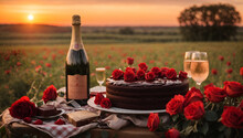 Romantic Picnic With A Bottle Of Wine And Chocolate Cake, Decorated With Roses