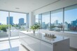 Luxurious modern white kitchen with expansive cityscape view, grand window, and magnificent sunrise