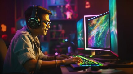 Young confident Asian man playing online computer video game, colorful lighting broadcast streaming live at home.