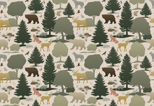Animals And Trees Seamless Pattern. Silhouette Vector Illustration On Light Background. Wallpaper Design For Home Decoration, Fabric And Print.
