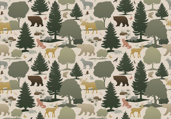 animals and trees seamless pattern. silhouette vector illustration on light background. wallpaper de