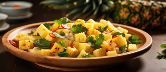 Sticker - Pineapple salad made with fresh, tasty sliced fruit on a kitchen table.