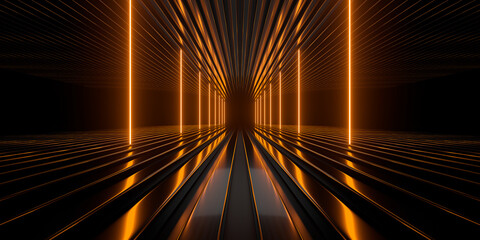 Wall Mural - sci fi neon glowing lines in a dark tunnel. reflections on the floor and ceiling. empty background i