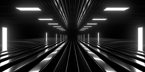 Wall Mural - Sci Fi neon glowing lines in a dark tunnel. Reflections on the floor and ceiling. Empty background in the center. 3d rendering image. Abstract glowing lines. Technology futuristic background.