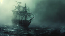 A Wooden Tall Ship Navigates Through Thick, Rolling Fog Over A Turbulent Ocean, Creating An Ominous And Foreboding Atmosphere