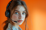 Fototapeta Uliczki - Portrait of a beautiful young female help desk operator answering the phone on an orange - peach background