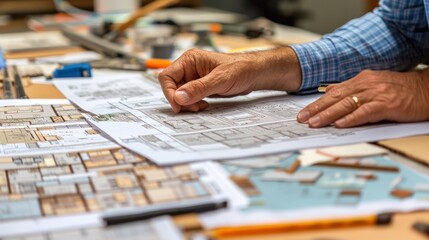 Poster - A man is working on a blueprint with his hands, AI