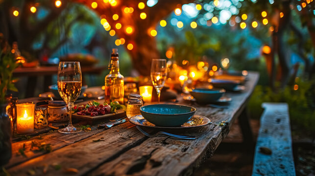 Table set for a romantic dinner in the garden at sunset. Selective focus.