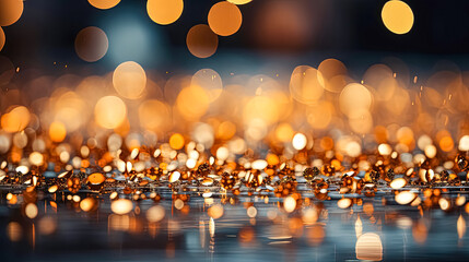 Sticker - golden glitter vintage lights background. gold and black. de focused. Abstract golden bokeh background. Festive defocused lights.