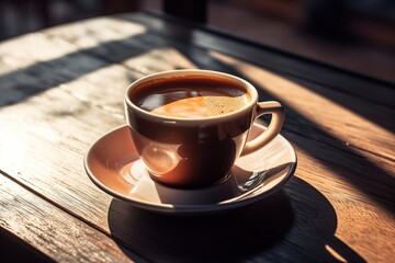 A fragrant cup of coffee on a wooden table in the sunlight