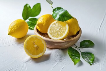 Wall Mural - Citric acid on wooden plate with green leaves