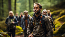 Group Of Men Smiling, Hiking In Nature Generated By AI