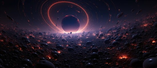 Wall Mural - 3d rendering of black hole distorts space, time, devours matter.