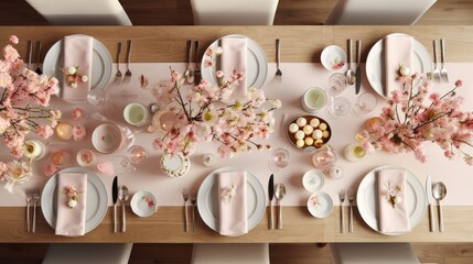 Pastel Easter table setup with eggs and spring flowers. Top view. Pink colors. Festive dinner