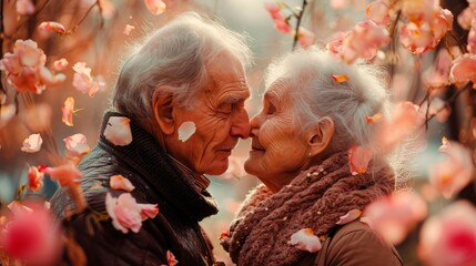 Wall Mural - Affectionate elderly couple shares a heartfelt kiss amidst a soft background of red petals, evoking everlasting love. Ideal for greeting cards and sentimental themes. Valentines day.