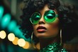 Young African American woman with bright makeup and sunglasses in a green attire. Close up. Concept for masquerade, holiday and corporate party. Ideal for fashion, event promotions, or luxury content