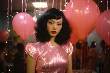 Wall Mural - A poised young Asian woman in a shiny pink dress, with retro-styled hair and bold red lips, surrounded by pink balloons. Ideal for retro-themed events and fashion campaigns.