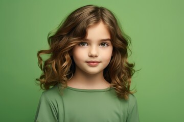 portrait of beautiful little girl with long curly hair on green background