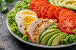 © evastar - A healthy breakfast. Keto diet. The concept of proper nutrition. Avocado, chicken fillet, eggs, tomatoes, lettuce leaves.