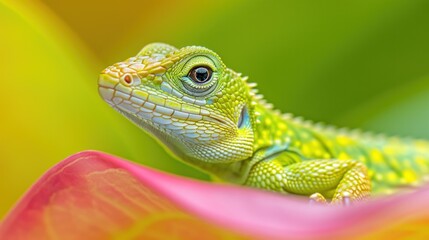 Wall Mural - A close up of a green lizard sitting on top of some colorful leaves, AI