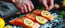 Man Prepares Nutritious Diet By Cooking Omega-rich Salmon Fillet With Lemons.