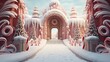 A snowy pathway leading to a grandiose gate decorated with oversized candy canes