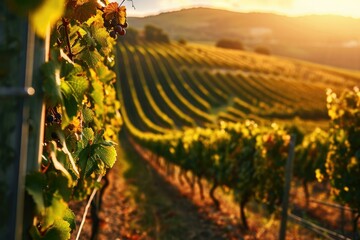 Sunset Vineyard Scenery, Wine Production Concept