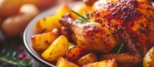 Roasted Chicken And Potatoes In A Closeup Shot.